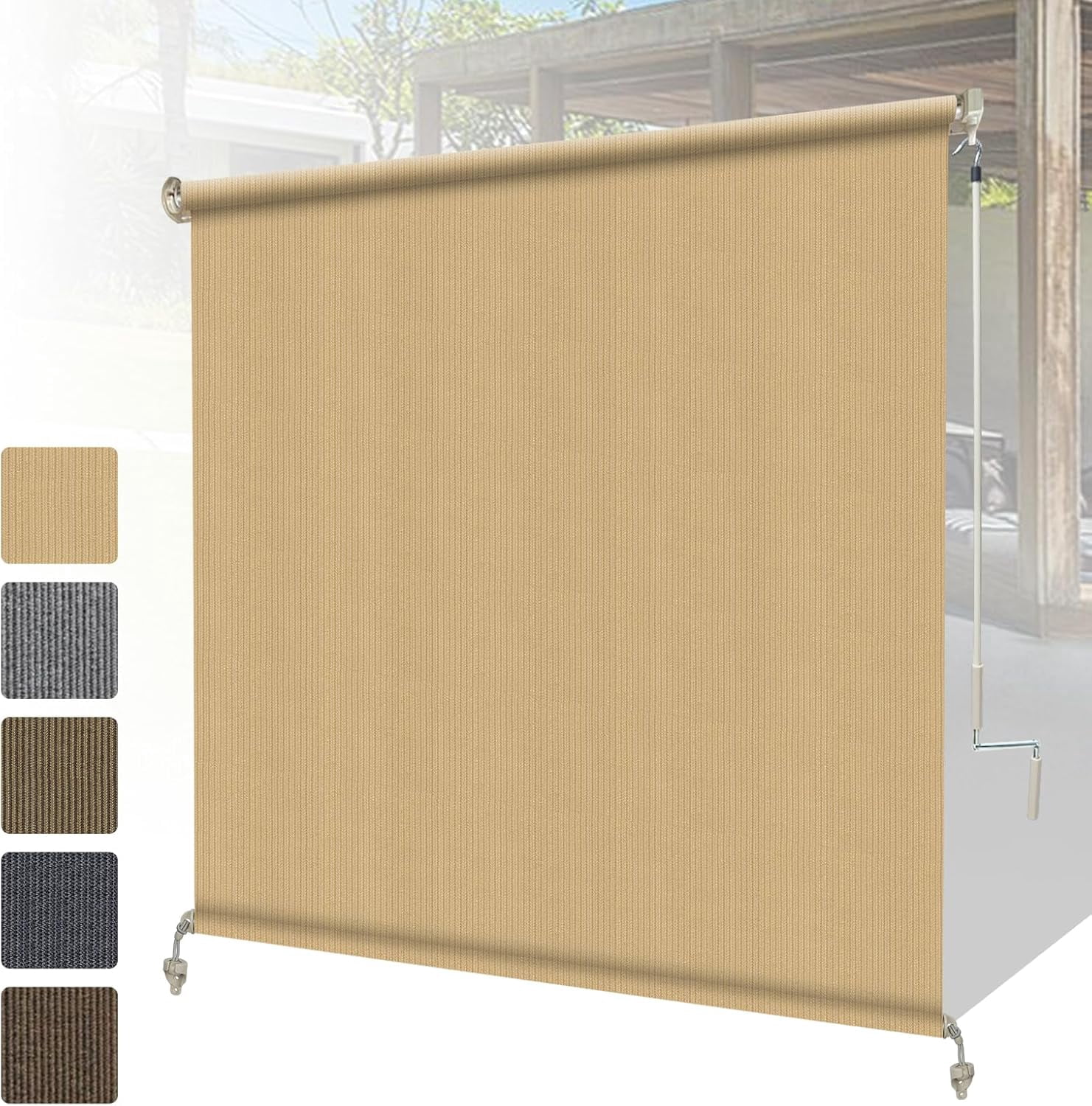 Outdoor Roller Shades with Splicing Design, 8' W x 8' H Cordless Patio Roll Up Blinds, Exterior Shade Cloth Roll for Porch, Gazebo, Pergola, Balcony, Wheat