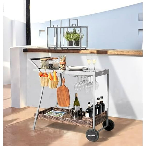 Outdoor Rolling Bar Cart with 2-Tier, Glass & Wicker Shelves Durable Steel Frame Front Wheels Wine Rack, Weather-Resistant Serving Cart for , Garden, Poolside, Gray$$Garden &