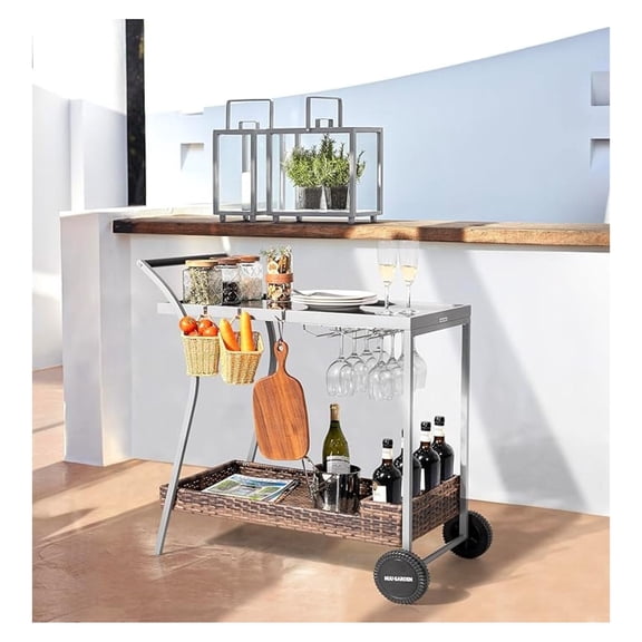 Outdoor Rolling Bar Cart with 2-Tier, Glass & Wicker Shelves Durable Steel Frame Front Wheels Wine Rack, Weather-Resistant Serving Cart for Patio, Garden, Poolside, Gray