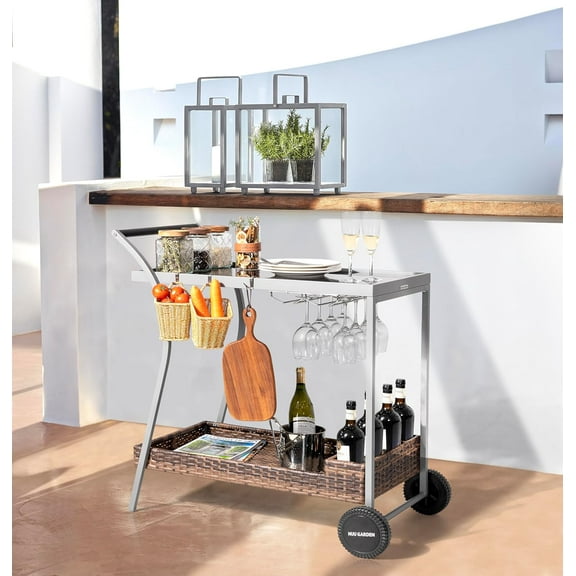 Outdoor Rolling Bar Cart with 2-Tier, Glass & Wicker Shelves Durable Steel Frame Front Wheels Wine Rack, Weather-Resistant Serving Cart for Patio, Garden, Poolside, Gray