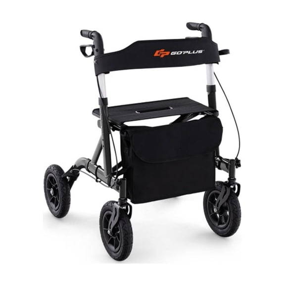 Outdoor Rolling Rollator Walker: 9.5" All-Terrain Wheels, 6-Level Adjustable (32"-37"), Foldable, Padded Seat, Storage Bag+Umbrella Holder