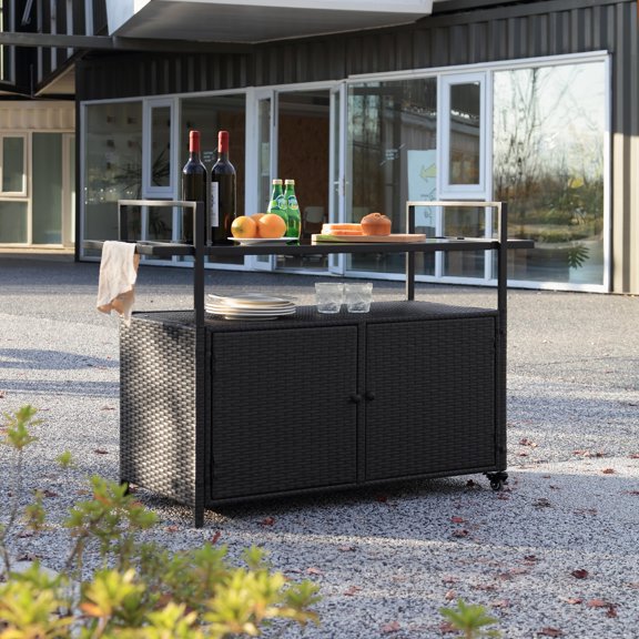 Outdoor Rolling Wicker Bar Cart, Large Portable Outdoor Wicker Bar Table with Cabinet Storage and Glass Countertop, Patio Wicker Serving Bar Cart for Pool, Party, Backyard, Black