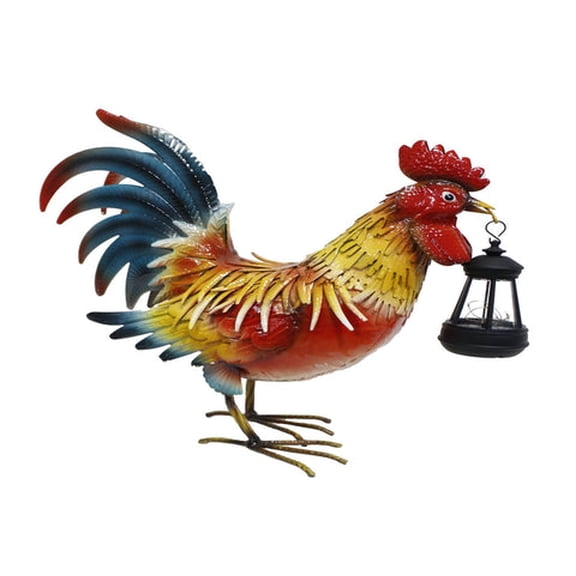 Outdoor Rooster with Lantern Garden Statue Decoration with LED Lights 17" Tall in Red and Blue