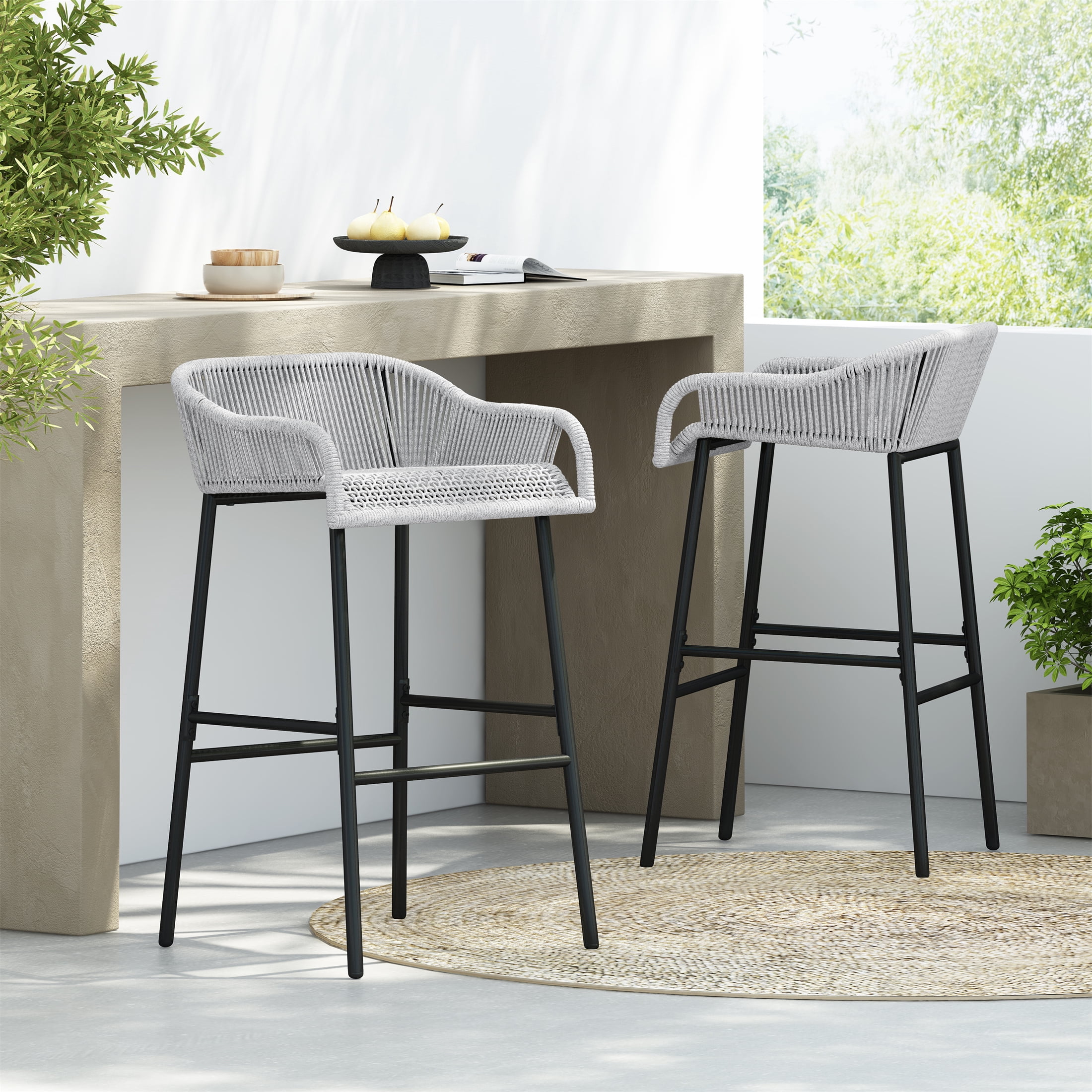 Outdoor Rope Bar Stools Set of 2 for Patio Bar Counter, Light Gray