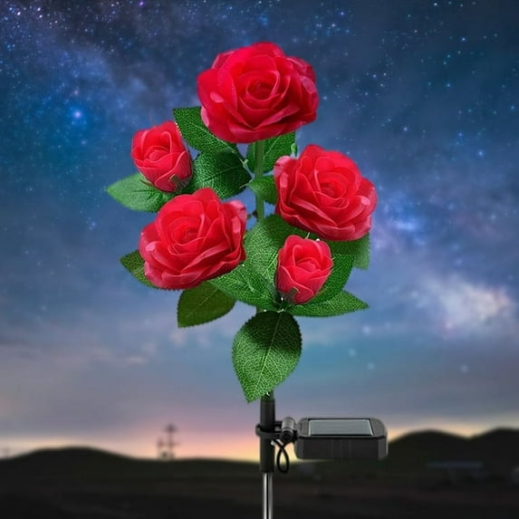 Outdoor Rose LED Solar Flower Light, Outdoor Solar Landscape Lights with 5 Rose Flowers, Waterproof Solar Garden Lights for Patio Yard Pathway Decoration, Red