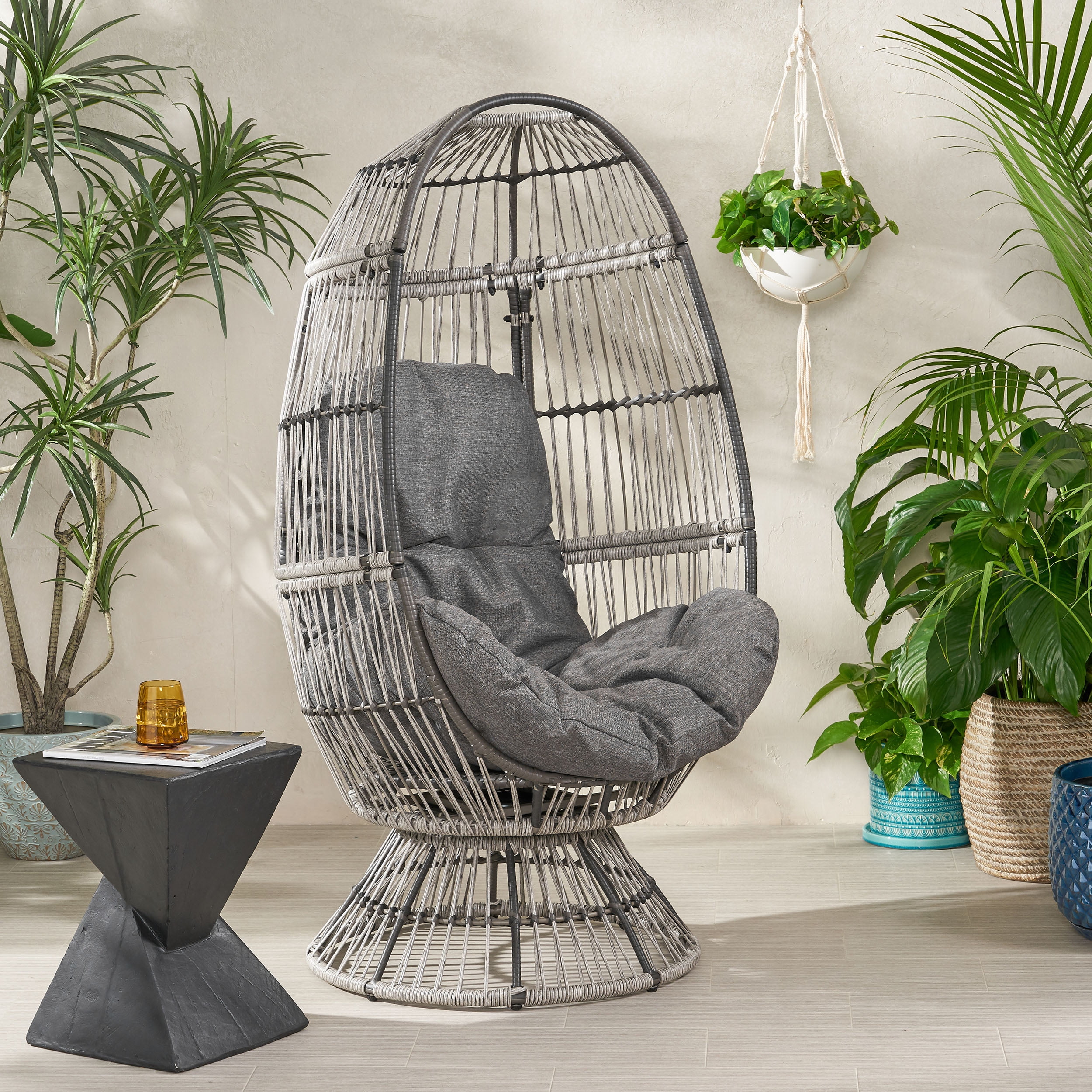 Outdoor Rotatable Egg Shaped Leisure Chair, Wicker Weave Swivel Single Seat for Patio Garden, Gray and Dark Gray
