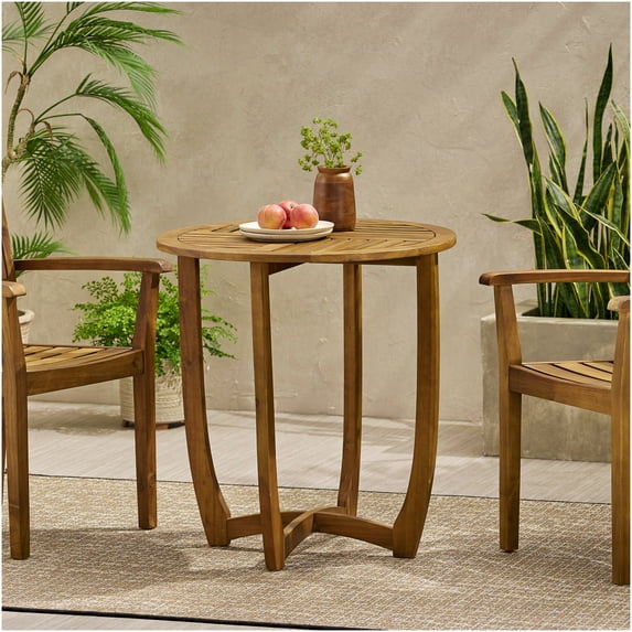 Outdoor Round Acacia Wood Side Table with Slat Tabletop, Teak Finish