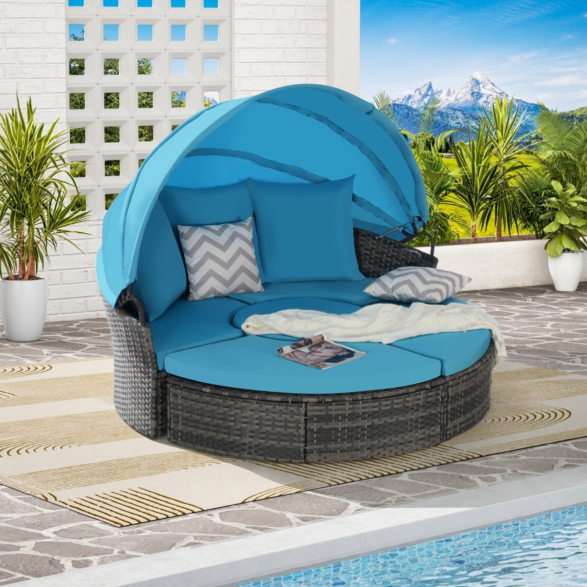 Alora Premium Outdoor Garden Wicker Rattan Patio Daybed With Retractable Canopy (SAK43581)