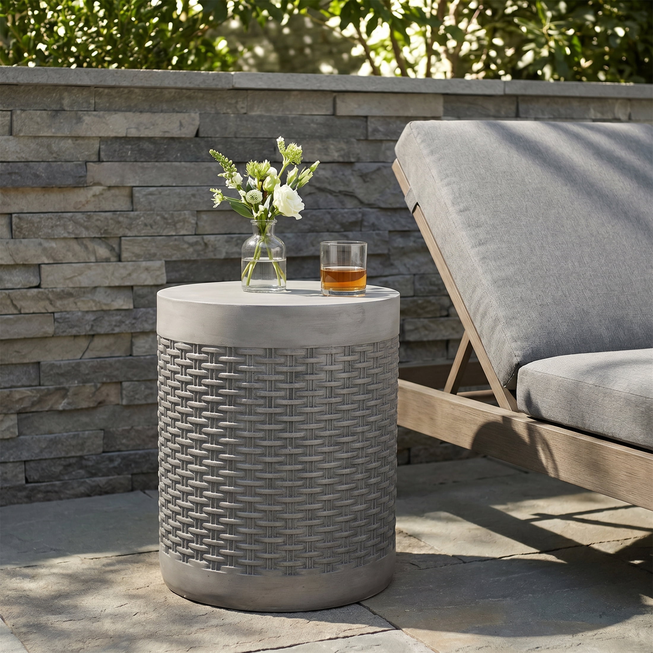 Outdoor Round End Table, Lightweight Concrete with Basket Weave Pattern for Patio Garden, White