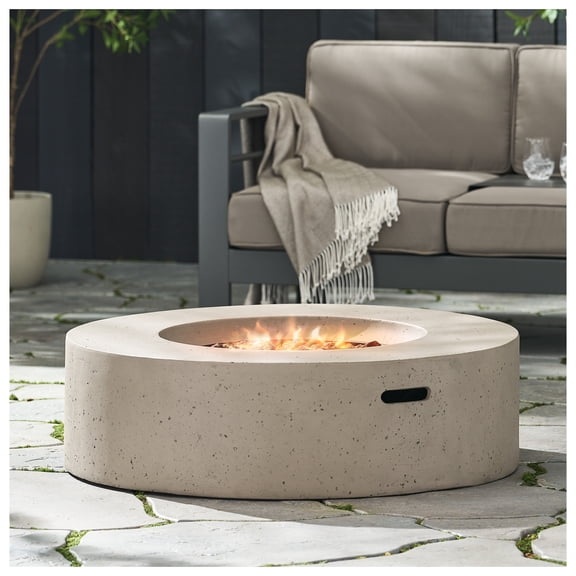 Outdoor Round MgO Concrete Propane Gas Fire Pit, 50,000 BTU, Light Grey Finish, Patio, Backyard, Garden Fireplace (Cover Not Included)