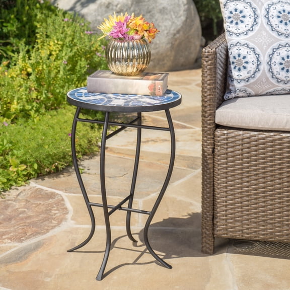 Outdoor Round Mosaic Side Table Blue/White Ceramic Tile Top with Curved Matte Black Iron Legs, Patio End Table