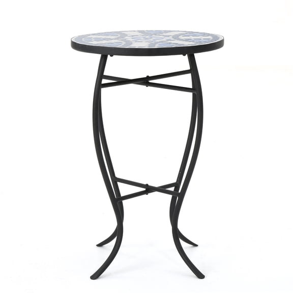Outdoor Round Mosaic Tile Side End Table, Blue & White Ceramic Mosaic Tabletop with Matte Black Curved Iron Legs, Patio Accent Bistro Side Table