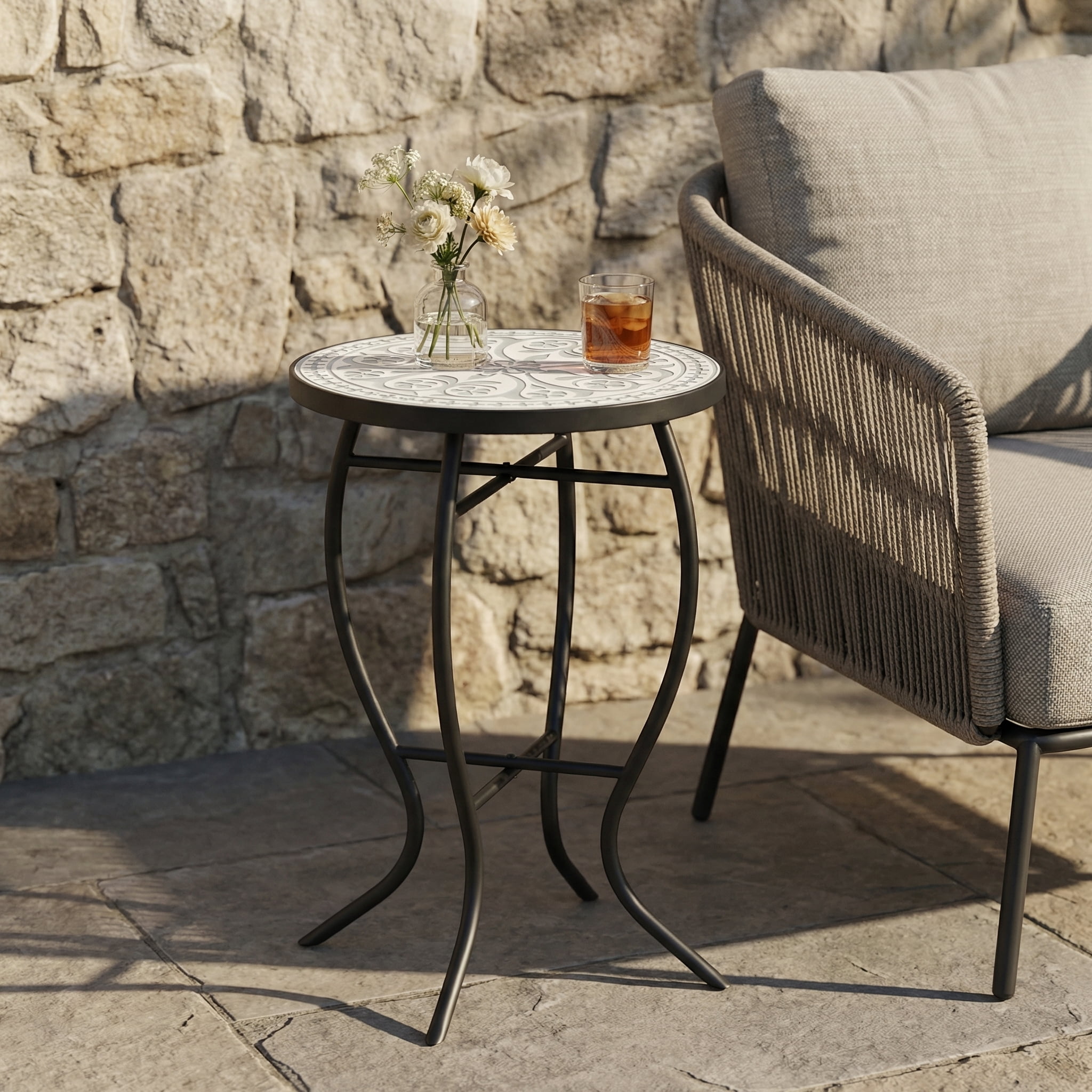 Outdoor Round Mosaic Top Iron Leg Side Table for Patio Garden, Gray