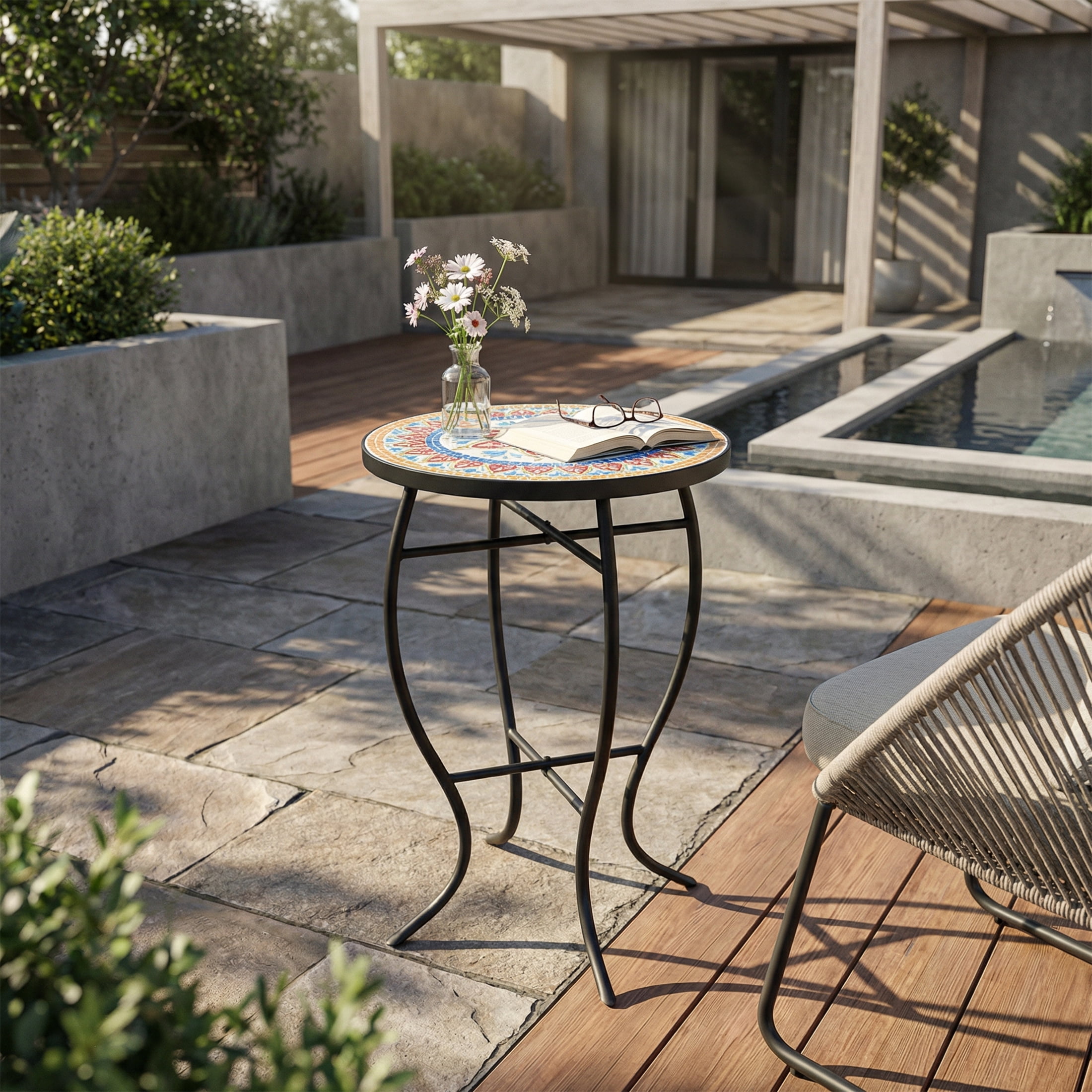 Outdoor Round Mosaic Top Iron Leg Side Table for Patio Garden, Red
