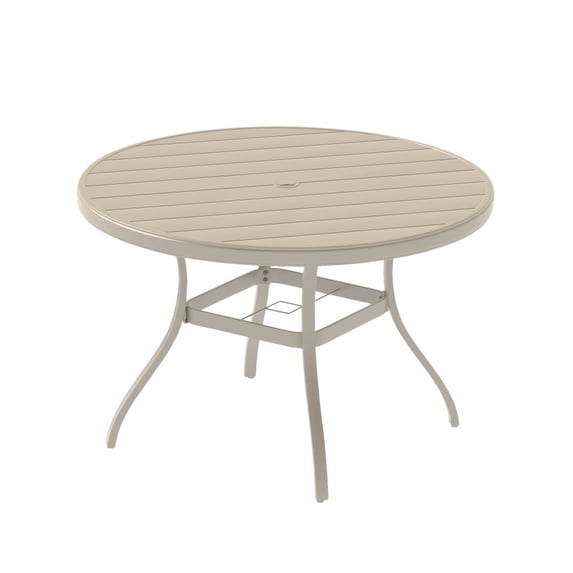Outdoor Round Patio Dining Table for 4-6, All-Weather Durable Metal Table with Adjustable Umbrella Hole for Deck & Backyard, Sandstone Finish