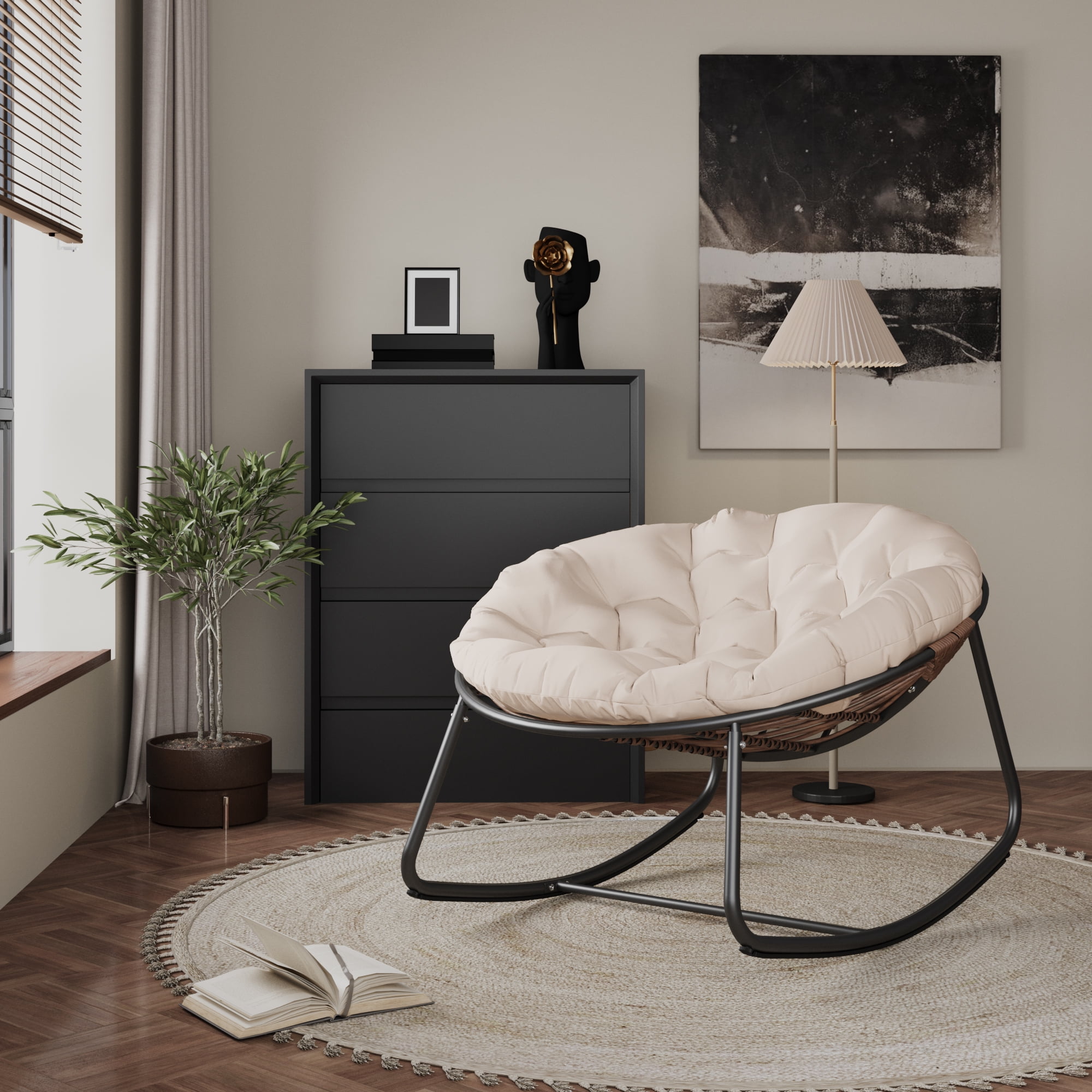 Outdoor Round Rocking Chair, Patio Wicker Egg Chair, Comfy Oversized