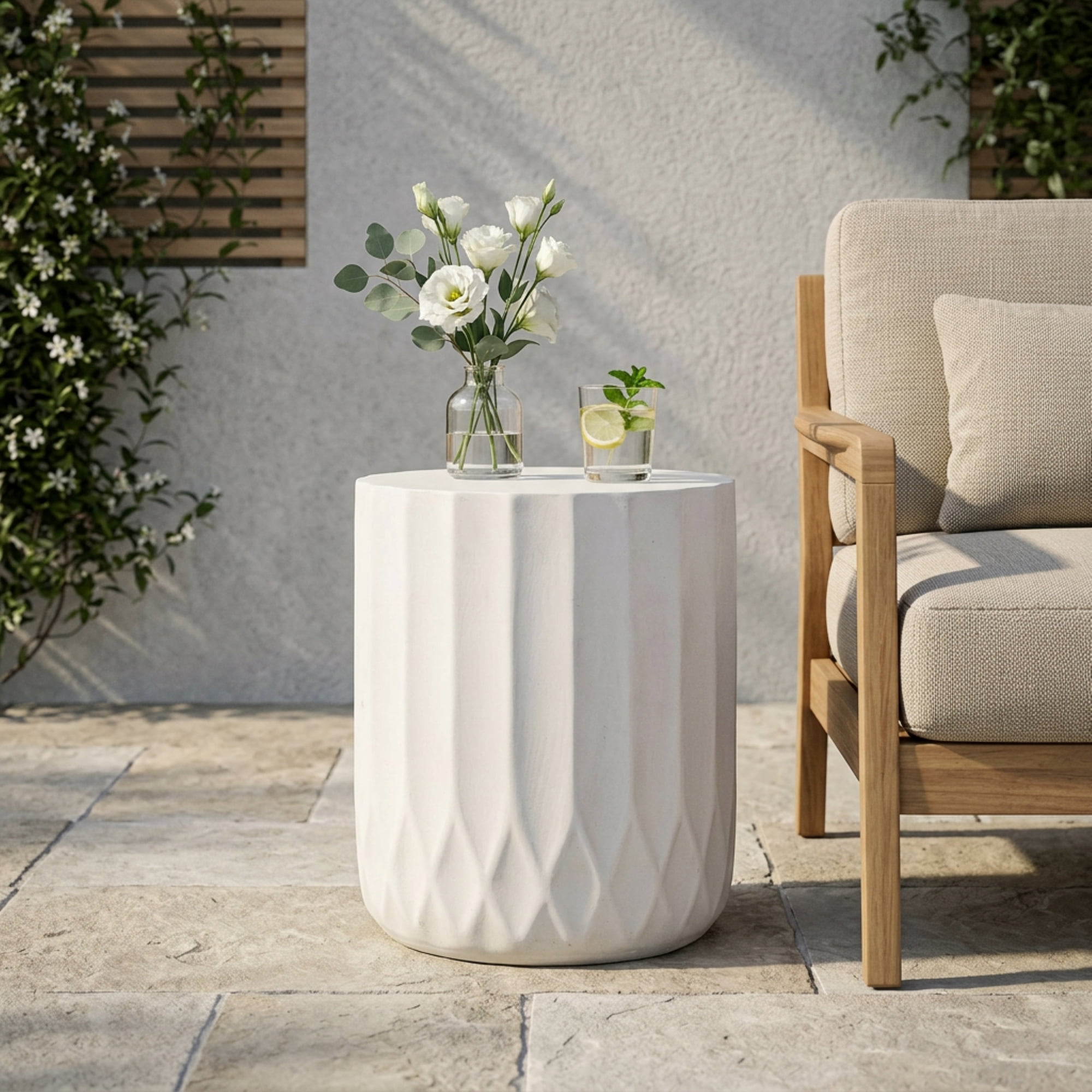 Outdoor Round Side Table 15 Inch, Lightweight Concrete Structure for Patio Garden, White