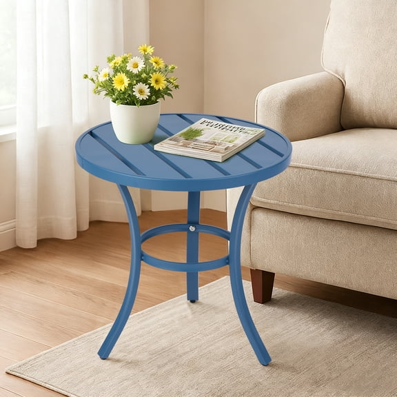 Outdoor Round Side Table, Navy Blue Powder-Coated Metal Frame, Adjustable Non-Slip Feet, Compact End Table, for Patio Balcony Living Room Bedroom