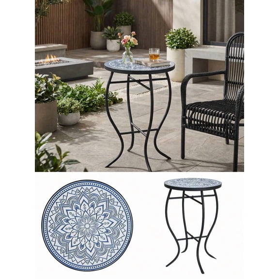 Outdoor Round Side Table With Blue And White Ceramic Tile Top And Matte Black Iron Frame