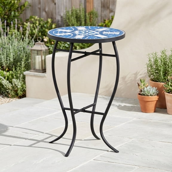 Outdoor Round Side Table with Mosaic Tile Top and Curved Iron Legs - Blue & White