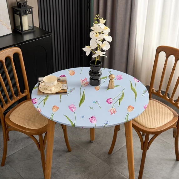 Outdoor Round Small Fitted Tablecloth with Elastic Light Blue Floral Fitted Tablecloth Spandex Stretchy Fabric Coffee Table Cover for Party Wrinkle Free Non Slip Elegant Tulip