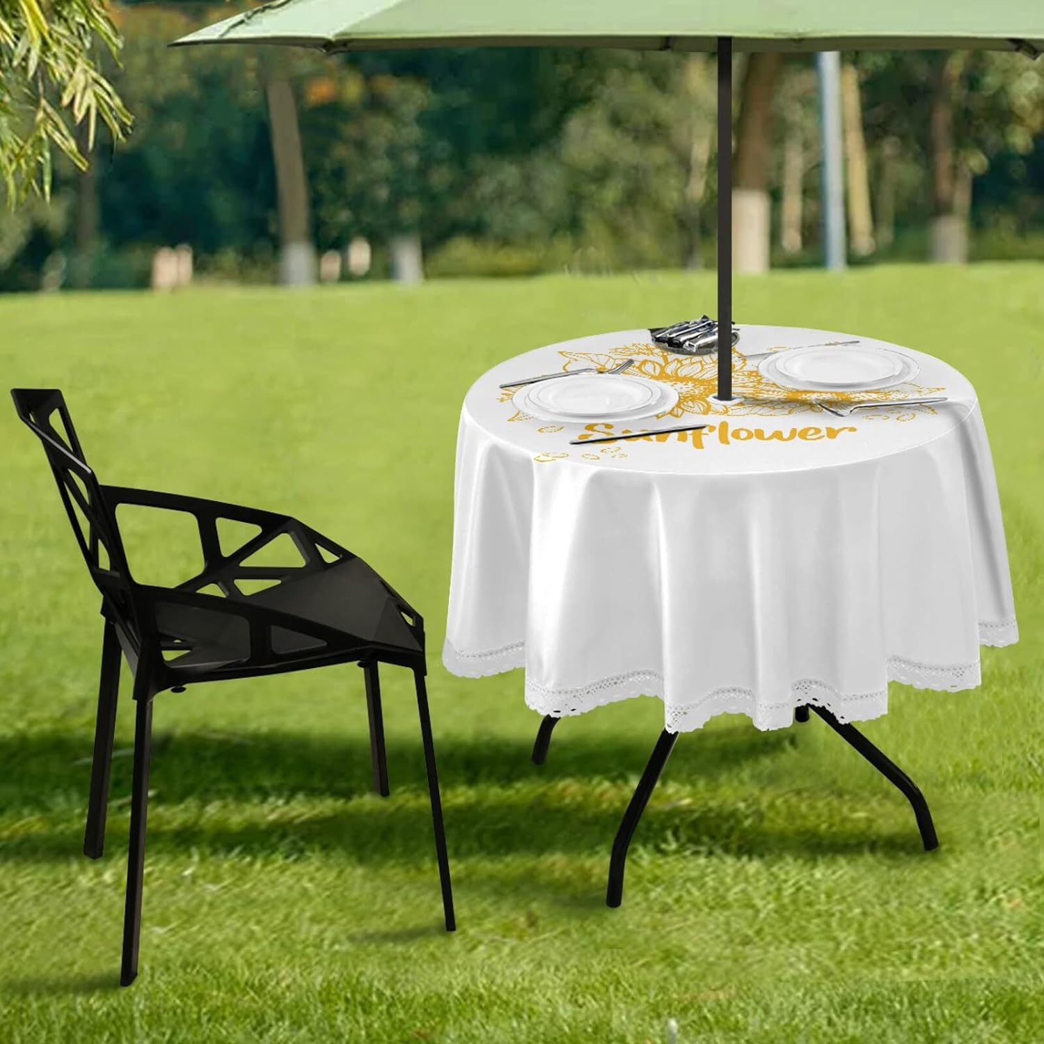 Outdoor Round Tablecloth 60 Inch Waterproof Table Cover with Umbrella Hole and Zipper for