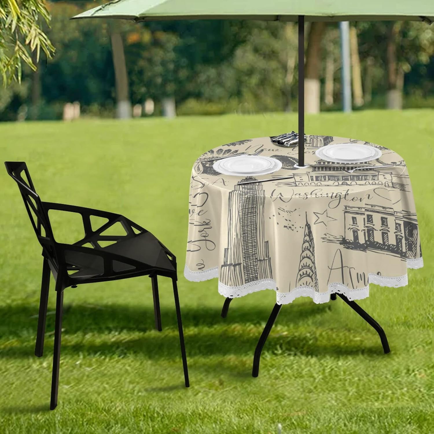 Outdoor Round Tablecloth 60 Inch Waterproof Table Cover with Umbrella Hole and Zipper for ...
