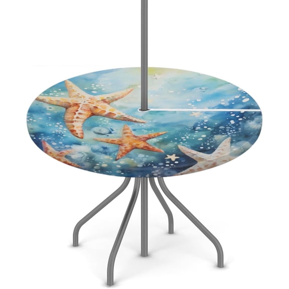 Outdoor Round Tablecloth with Umbrella Hole, Blue Table Cover Ocean Starfish Circle Fitted Table Cloths with Zipper 36"-44" Waterproof Elastic Edged Patio Table Cover for Party Picnic