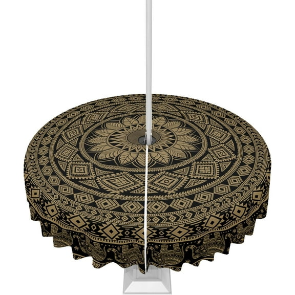 Outdoor Round Tablecloth with Umbrella Hole Bohemian Mandala Flower 60inch Waterproof Tablecloth Zippered Patio Table Cloth, Brown Wrinkle-Free Decorative Table Cover for Picnic Dining