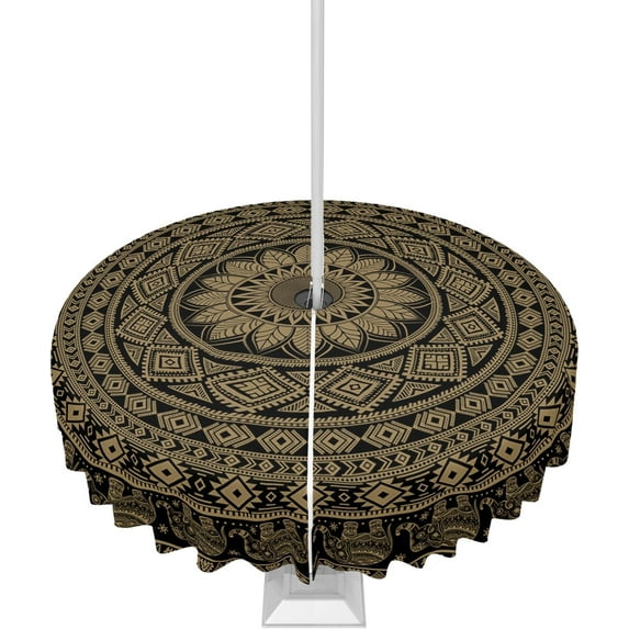 Outdoor Round Tablecloth with Umbrella Hole Bohemian Mandala Flower 60inch Waterproof Tablecloth Zippered Patio Table Cloth, Brown Wrinkle-Free Decorative Table Cover for Picnic Dining