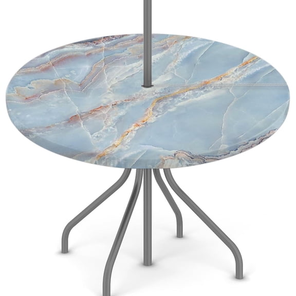 Outdoor Round Tablecloth with Umbrella Hole and Hidden Zipper Blue Texture Marble Elastic Edged Circle Table Cloth Waterproof Fitted Table Covers for Picnic Camping Garden 45-56in