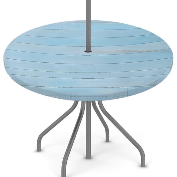 Outdoor Round Tablecloth with Umbrella Hole and Hidden Zipper Summer Retro Wood Plank Elastic Edged Circle Table Cloth Waterproof Fitted Table Covers for Picnic Camping Garden 45-56in
