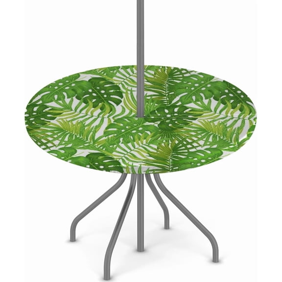 Outdoor Round Tablecloth with Umbrella Hole and Hidden Zipper Watercolor Green Leaves Elastic Edged Circle Table Cloth Waterproof Fitted Table Covers for Picnic Camping Garden 36-44in