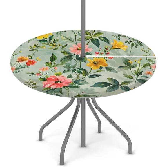 Outdoor Round Tablecloth with Umbrella Hole, Retro Flower Outdoor Round Table Cloth Fitted Tablecloth Waterproof Umbrella Table Cover for Party Picnic,Fit for 36"-44" Round Tables