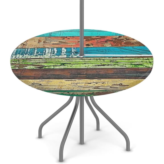 Outdoor Round Tablecloth with Umbrella Hole, Retro Wooden Texture Patio Table Cover Circle Fitted Elastic Edge Tablecloths Waterproof Zipper Table Covers for Party Picnic,Fit for 36"-44" Round Tables