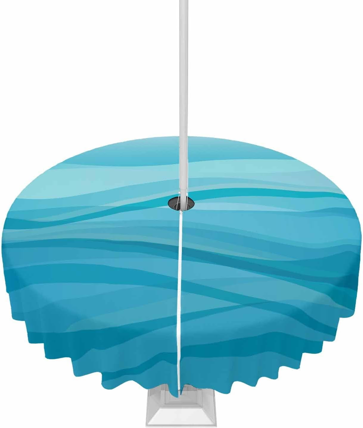 Outdoor Round Tablecloth with Umbrella Hole and Zipper, Aqua Ombre Water Ripple Waterproof Table Cover Farmhouse Stripes Washable Patio Tablecloths for Party/Garden/Picnic, 60 inch