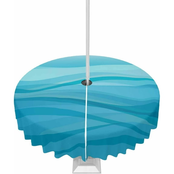 Outdoor Round Tablecloth with Umbrella Hole and Zipper, Aqua Ombre Water Ripple Waterproof Table Cover Farmhouse Stripes Washable Patio Tablecloths for Party/Garden/Picnic, 60 inch