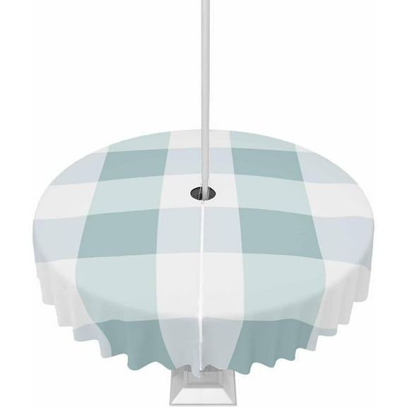 Outdoor Round Tablecloth with Umbrella Hole and Zipper, Aqua Plaid Waterproof Table Cover, Spring Summer Farmhouse Buffalo Checkered Washable Patio Tablecloths for Party/Garden/Picnic, 60 inch