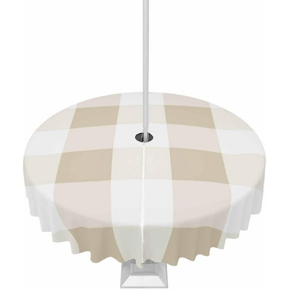 Outdoor Round Tablecloth with Umbrella Hole and Zipper, Beige Plaid Waterproof Table Cover, Spring Summer Farmhouse Buffalo Checkered Washable Patio Tablecloths for Party/Garden/Picnic, 60 inch