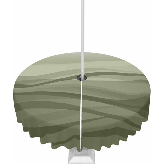Outdoor Round Tablecloth with Umbrella Hole and Zipper, Sage Green Ombre Water Ripple Waterproof Table Cover Farmhouse Stripes Washable Patio Tablecloths for Party/Garden/Picnic, 60 inch