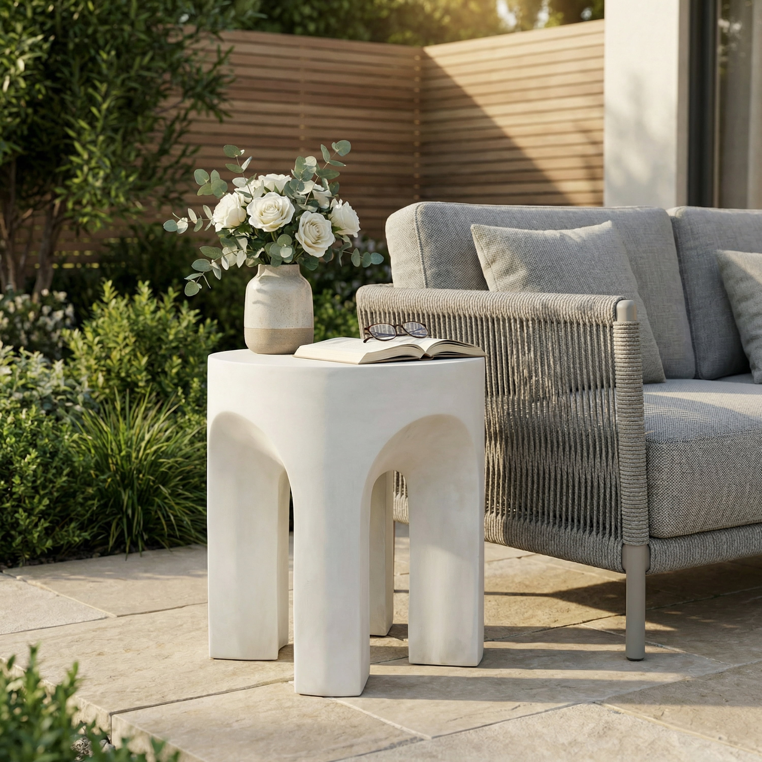 Outdoor Round Top End Side Table for Living Room Patio Garden, Antique White