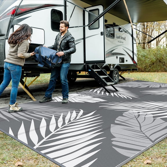 Outdoor Rug 10' X 20' Waterproof For Patios Clearance Reversible Plastic Straw Camping Carpet Large Area Rugs Mats Rv Camper Deck Balcony Porch Beach Picnic Grey&white