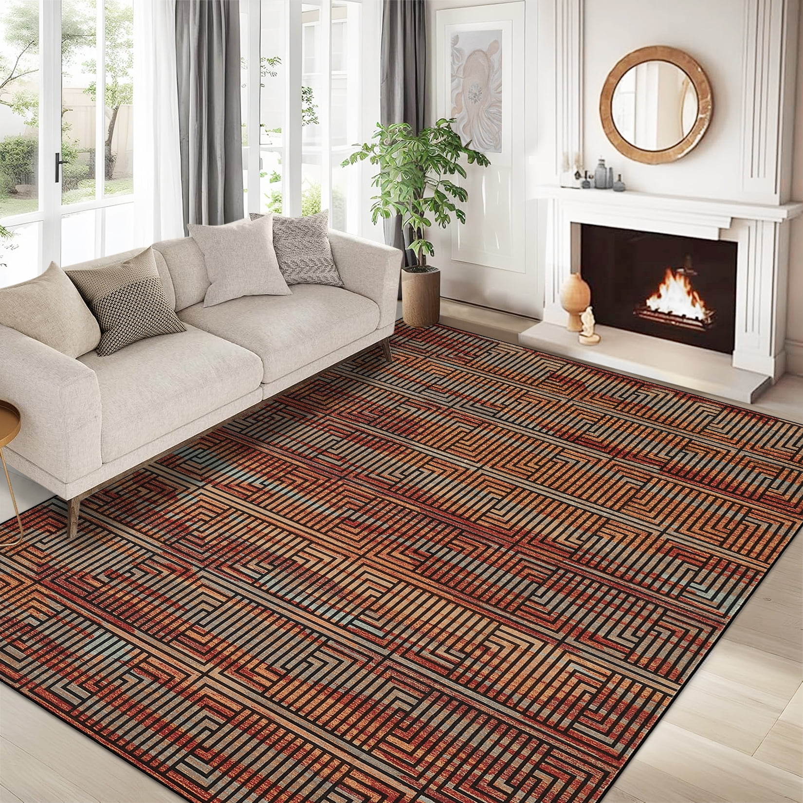 Outdoor Rug, 10x13ft Bordered Modern Area Rugs for Indoor and Outdoor Patios, Porches Waterproof Washable Porch Deck Outside Carpet