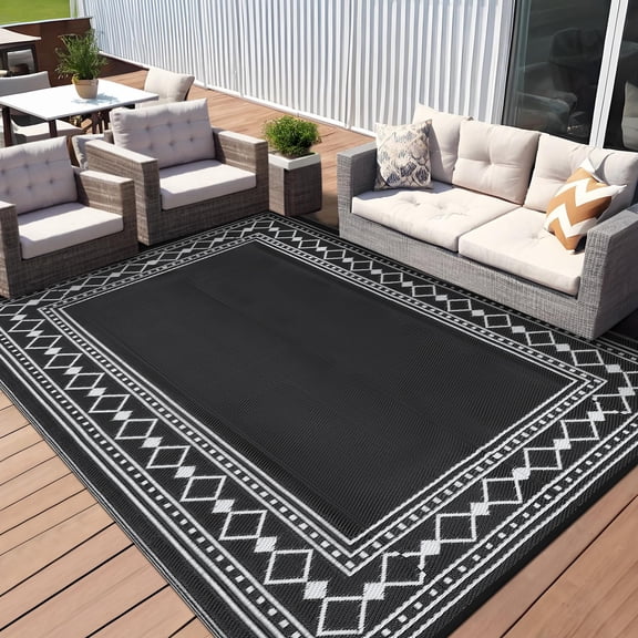 Outdoor Rug 10x14 for Patios Clearance,Waterproof Mat,Large Outside Carpet,Reversible Plastic Straw Camping Rugs,Porch,Deck,Balcony,Backyard,White/Black