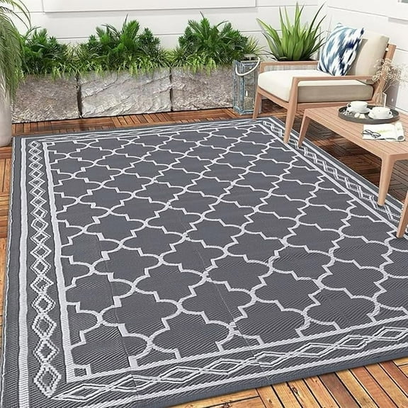 Outdoor Rug 10x14 Reversible Mats, Plastic Straw Rug, Large Floor Mat and Rug for Outdoors, Modern Area Rug, Patio, Backyard, Deck, Picnic, Beach, Trailer, Camping, Grey/White(Geometric)