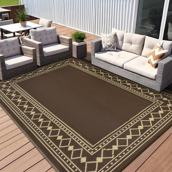 Outdoor Rug 10x14ft,Waterproof Plastic Straw Rug, Reversible Patio Rug, Foldable Indoor Outdoor Carpet for Deck, Garden, Camping, RV & Picnic,Peony Brown/Coffee