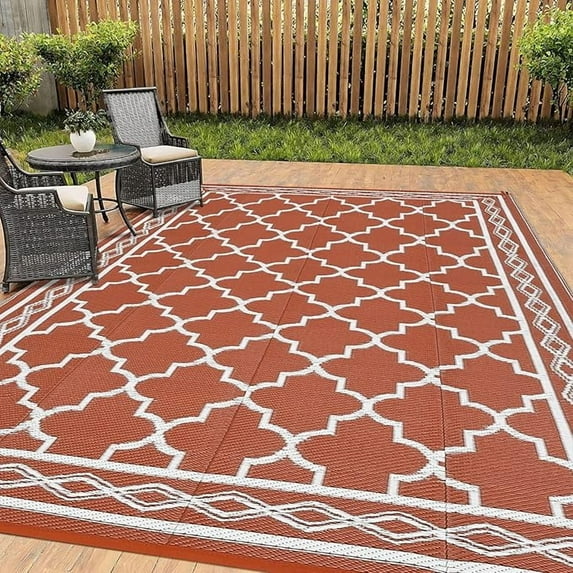 Outdoor Rug 10x20 Reversible Mats, Plastic Straw Rug, Large Floor Mat and Rug for Outdoors, Modern Area Rug, Patio, Backyard, Deck, Picnic, Beach, Trailer, Camping, Orange(Geometric)