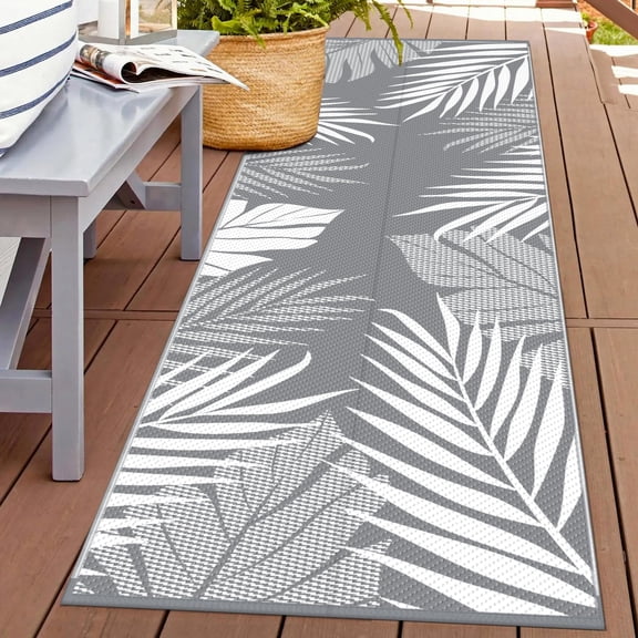 Outdoor Rug 2.5' X 8' Waterproof For Patios Clearance  Reversible Plastic Straw Hallway Runner Carpet Entryway Rugs Mats Deck Porch Balcony Camping Rv Camper Grey&white