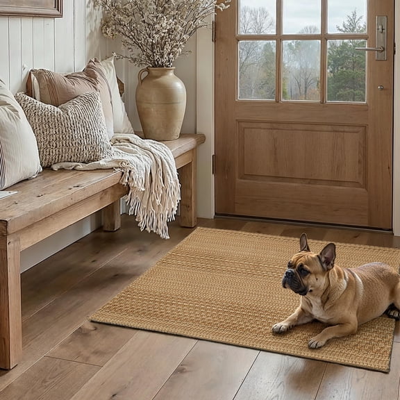 MatEssenz 2'x3' Small Area Rugs for Entryway Kitchen, Entry Rug Indoor Doormat, Machine Washable Non-Slip Kitchen Rug, Boho Vintage Woven Rug, Soft Faux Fibre, Light Taupe Brown