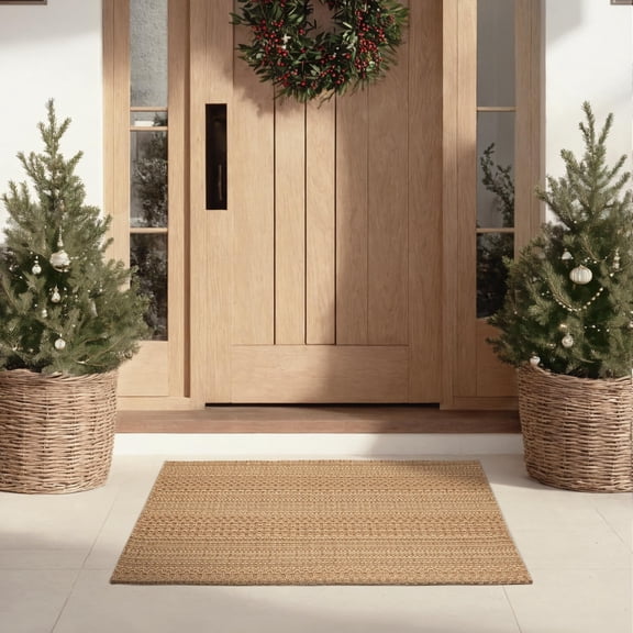 MatEssenz 27.5"x43" Outdoor Rug, Doormat for Front Door, Farmhouse Welcome Mat, Washable Low-Pile Cotton Blend Front Porch Rug, Light Taupe Brown Check Pattern